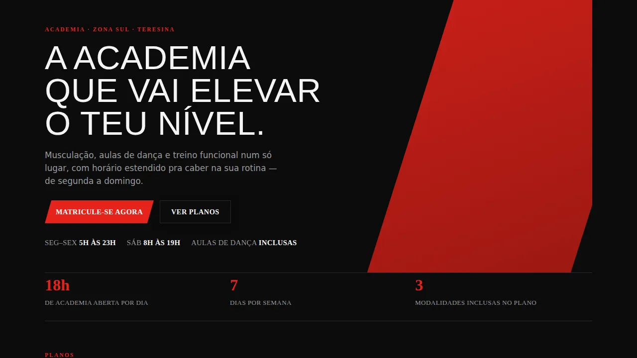 Primeira tela da demonstração — título “A academia que vai elevar o teu nível”, botões de matrícula e horários de funcionamento.